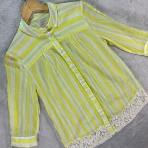 Edme & Esyllte‎ Women's Striped Button Blouse Lace Hem Yellow Green US 2 Bobo